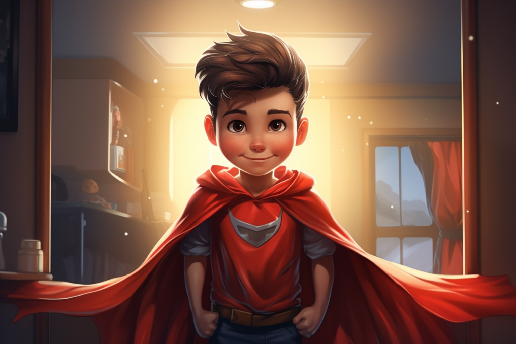 Cartoon young boy dressed like a superhero.