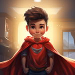 Cartoon young boy dressed like a superhero.