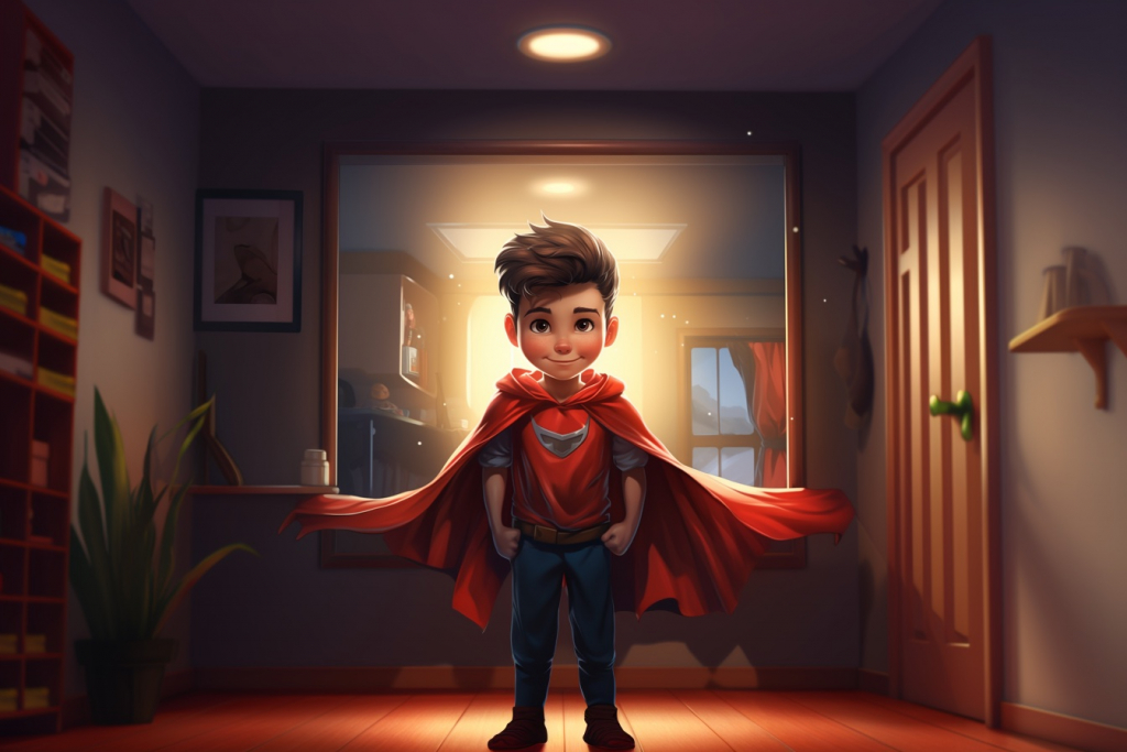 Cartoon boy dressed like a superhero in front of a mirror.