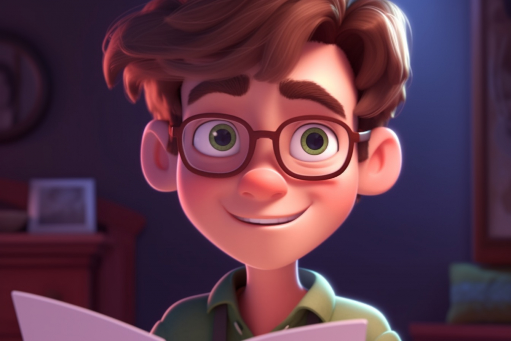 Cartoon boy with glasses in the room.