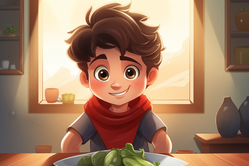 Cartoon young boy in front of plate full of vegetables.