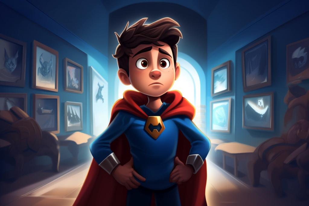 Cartoon young superhero confused standing in the museum.