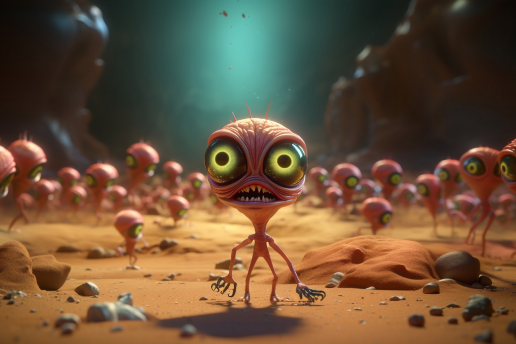 Army of small alien creatures with huge eyes on Mars.
