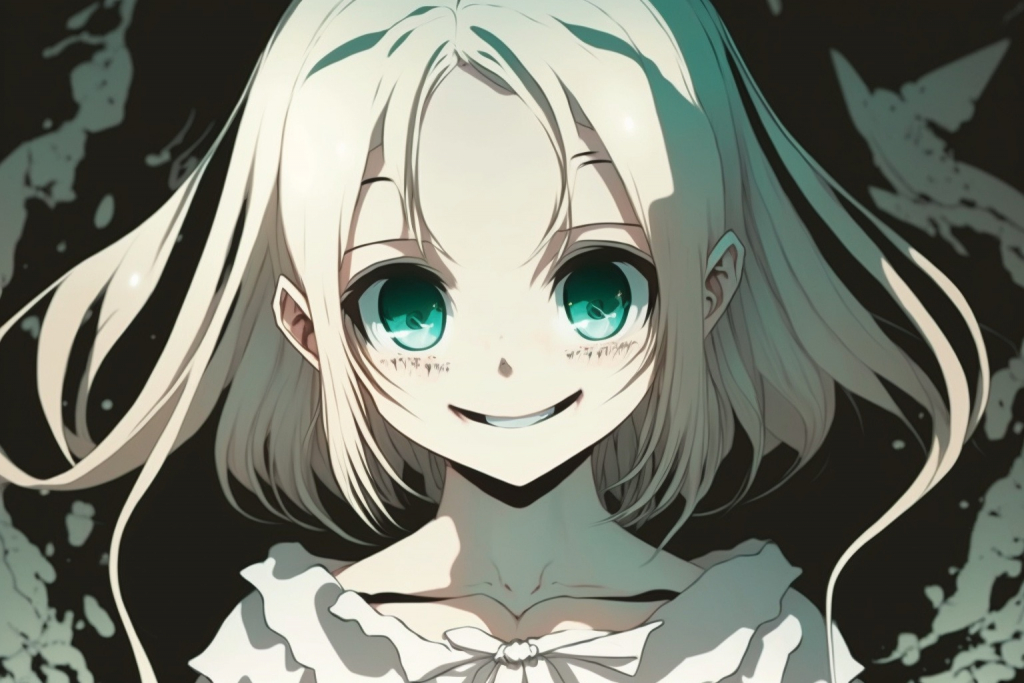 Anime ghost girl with green eyes.