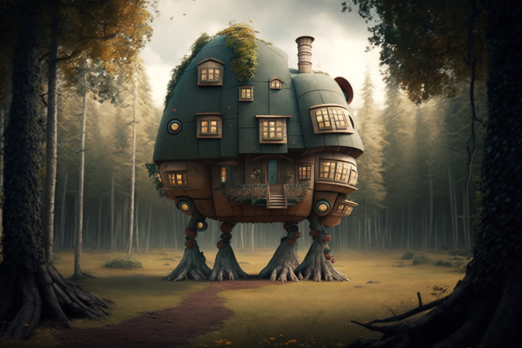Cartoon fairytale house on four legs in a forest.