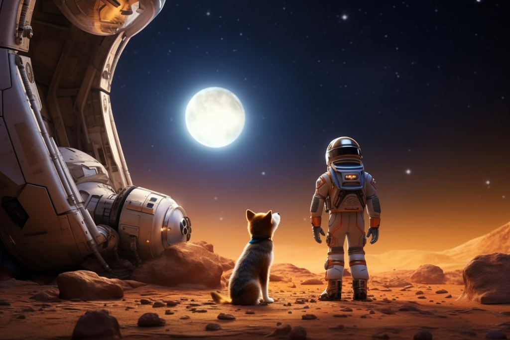 Astronaut standing with dog by the spaceship on Mars.