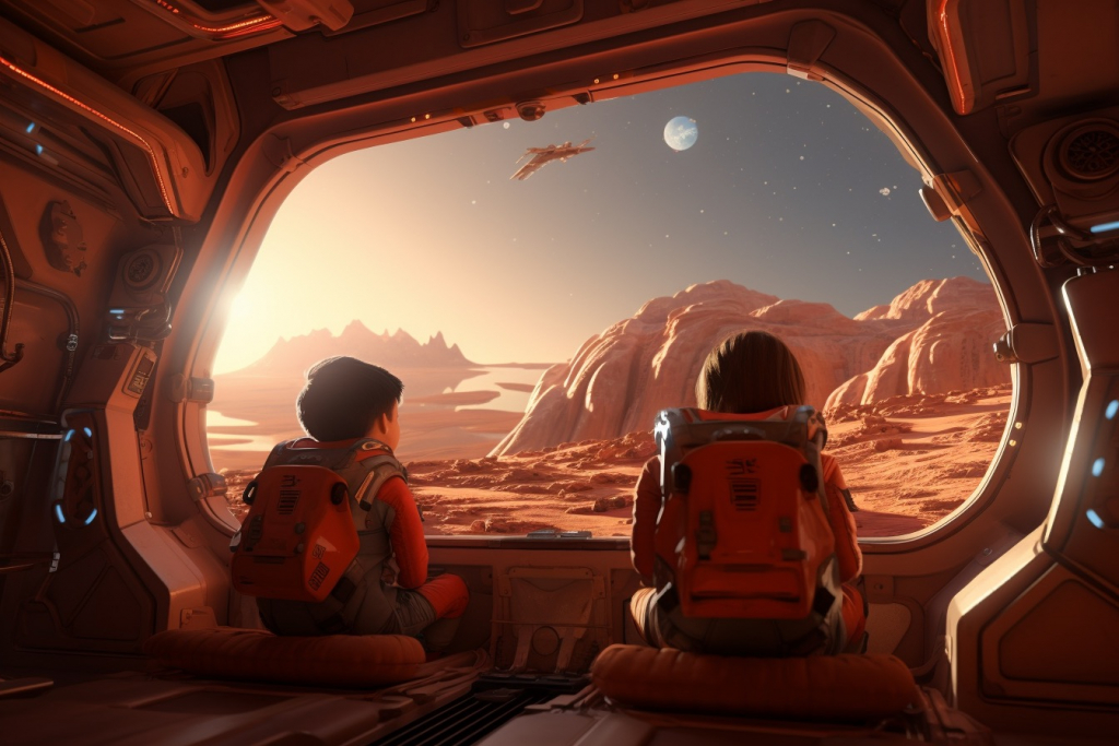 Two kids astronauts watching landscape on Mars from a spaceship.