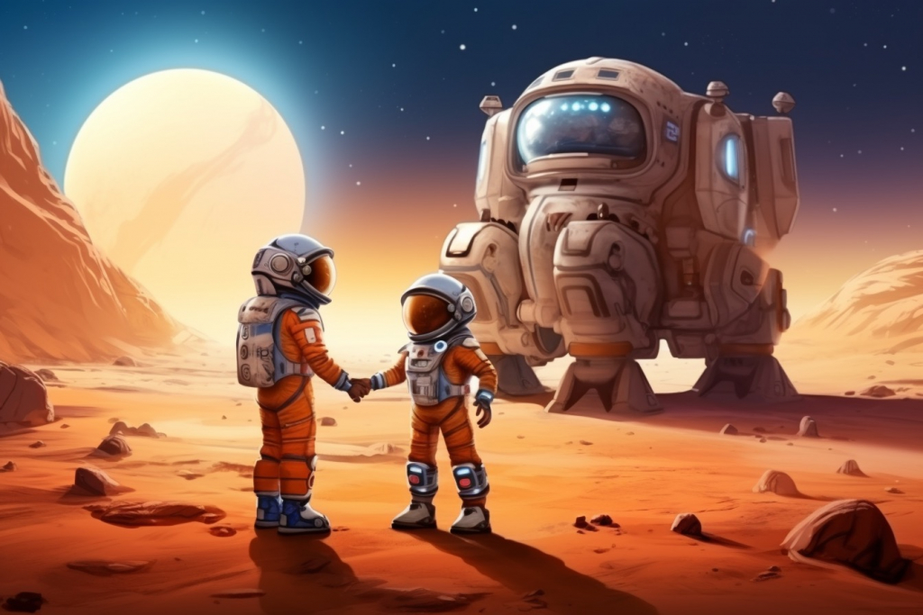 Two astronauts shaking hands on Mars.