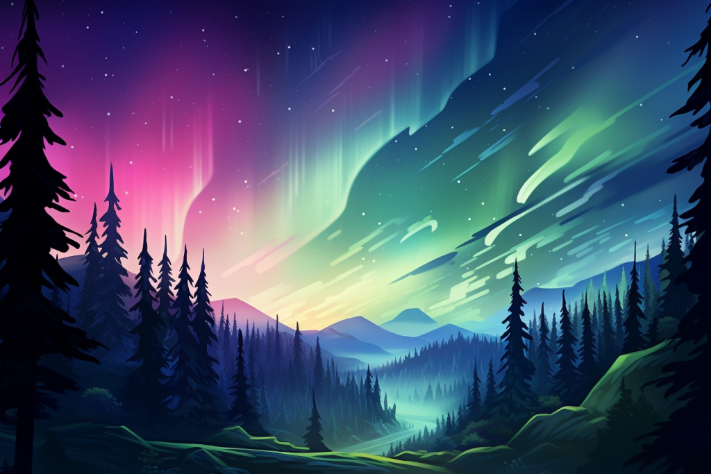 Aurora borealis with beautiful colors above the mountains.