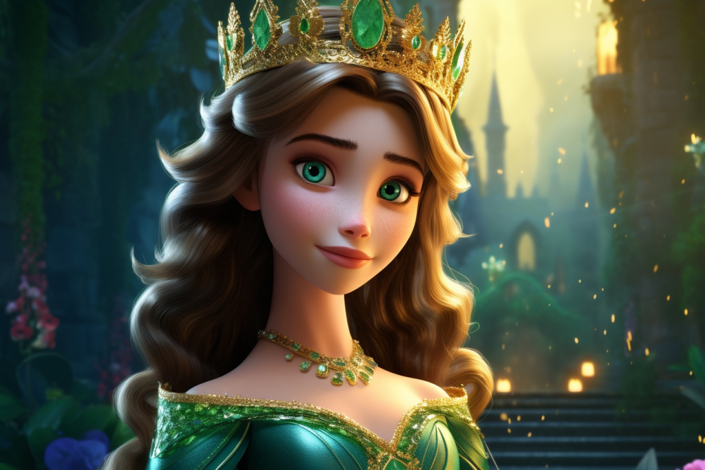 Princess with green eyes and green dress and emerald necklace.