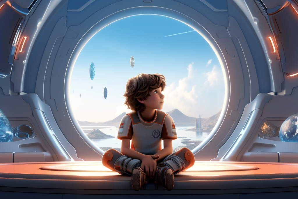 Young futuristic cartoon boy sitting by the window in the spaceship.