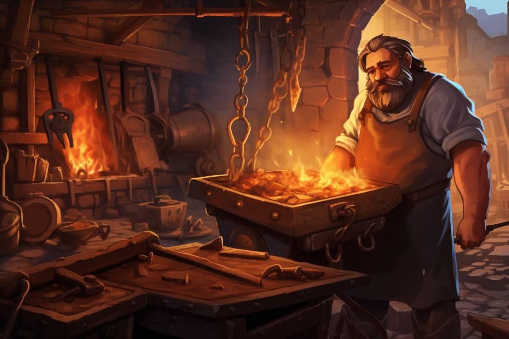 The blacksmith is in the workshop with fire.