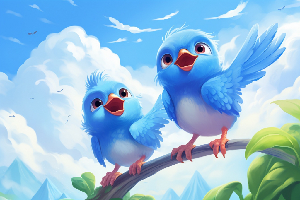 Two cartoon blue birds on the branch.