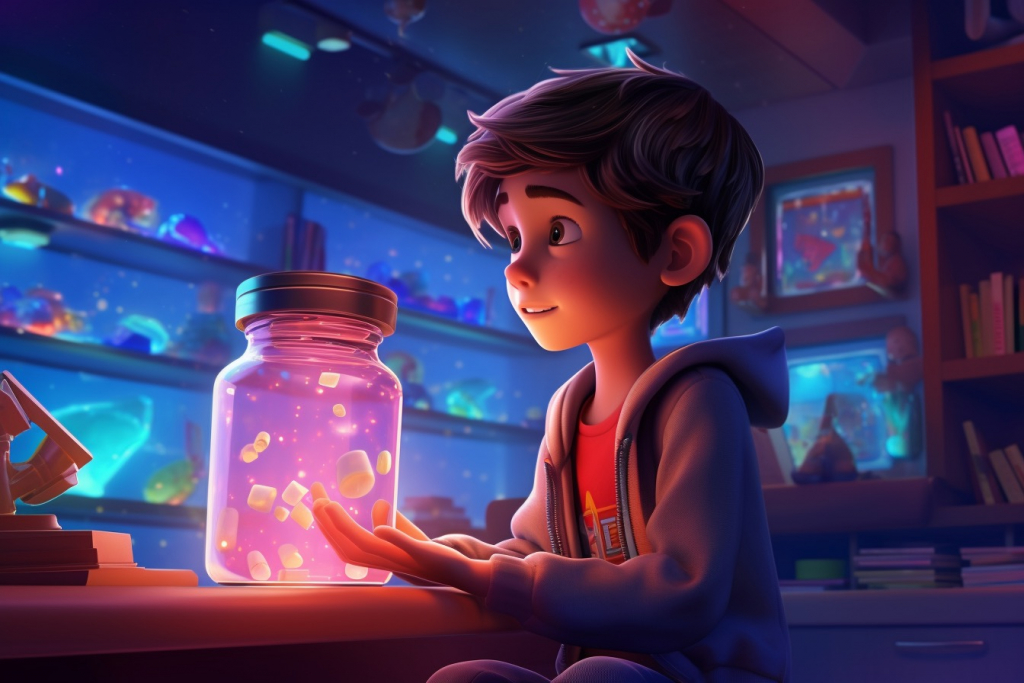 Young boy holding jar full of magical pills in his futuristic room.
