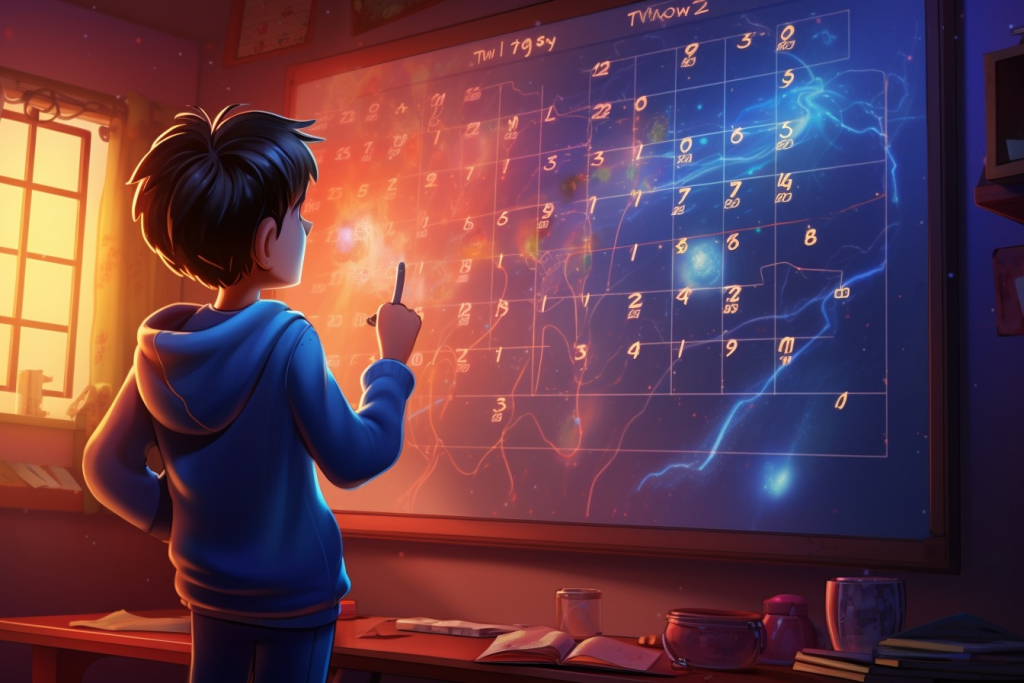 Cartoon boy looking at holographic board as a calendar.