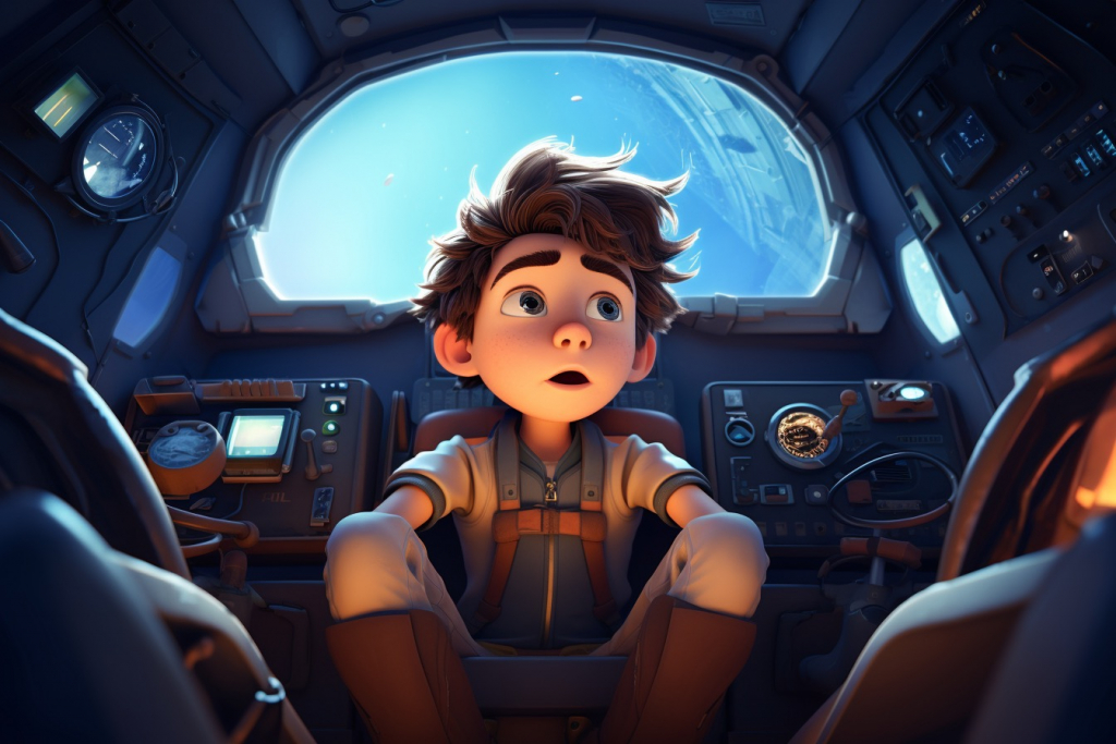 Young scared boy sitting in a small spaceship.
