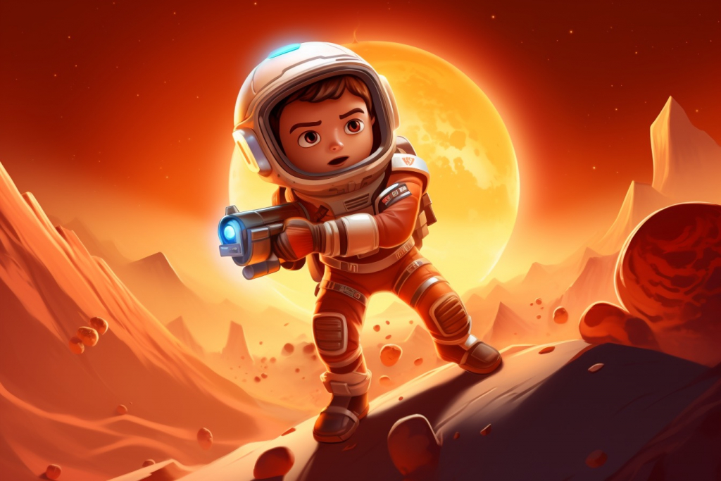 Cartoon boy on Mars carrying a pistol.