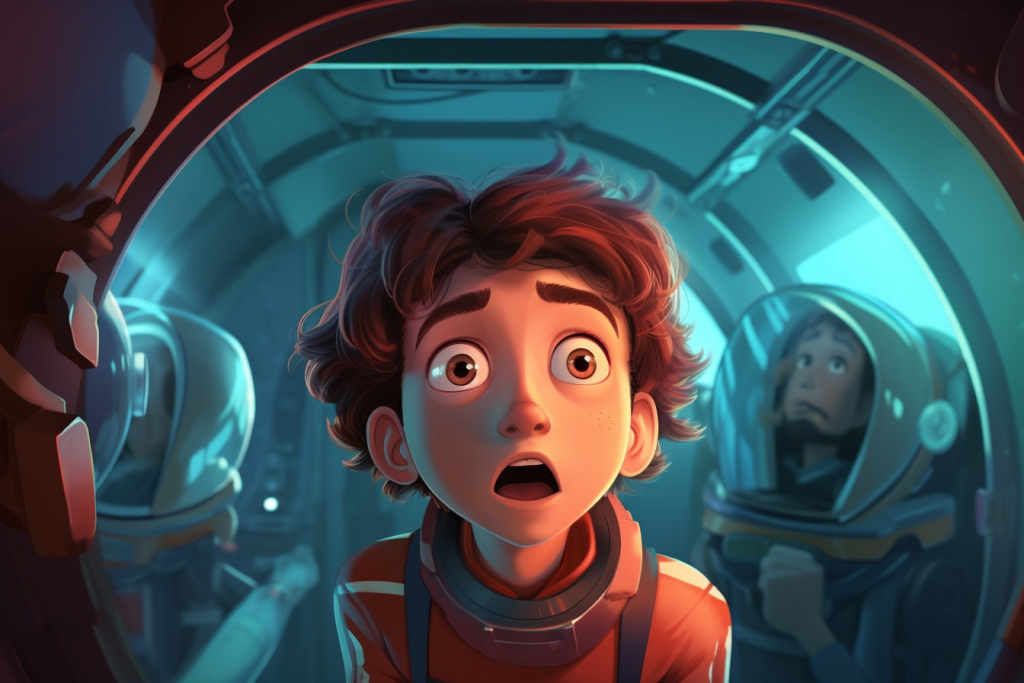 Cartoon scared boy inside of a spaceship.