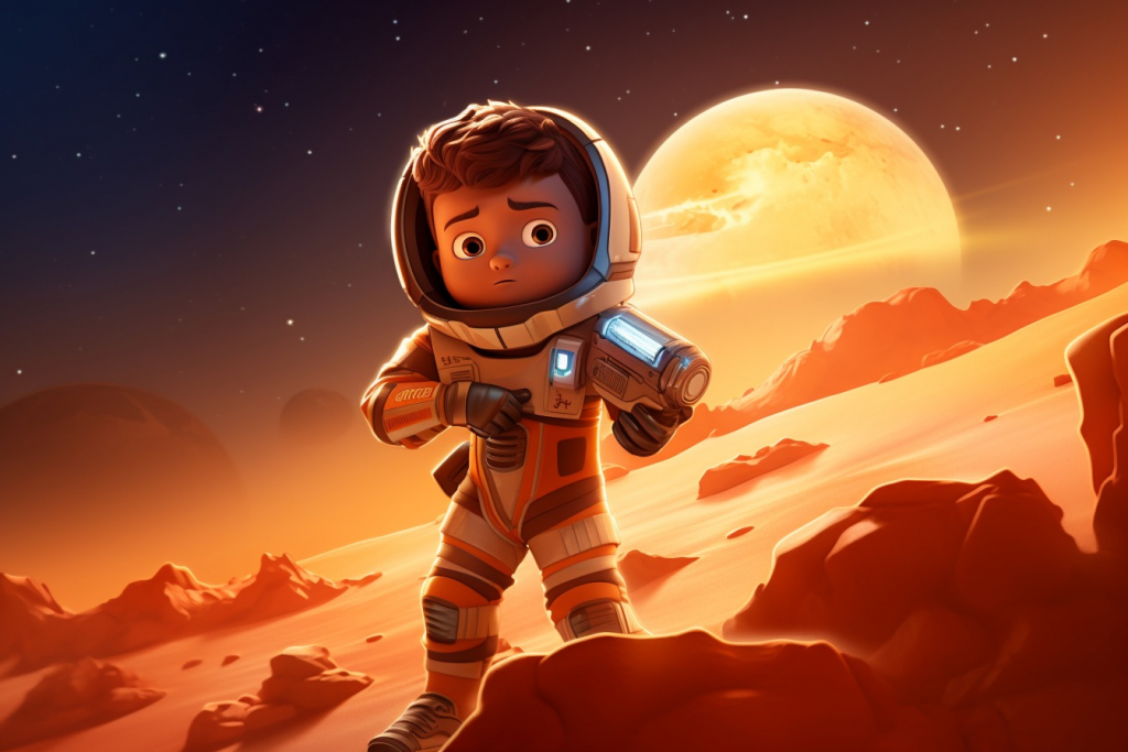 Cartoon boy holding pistol on Mars.