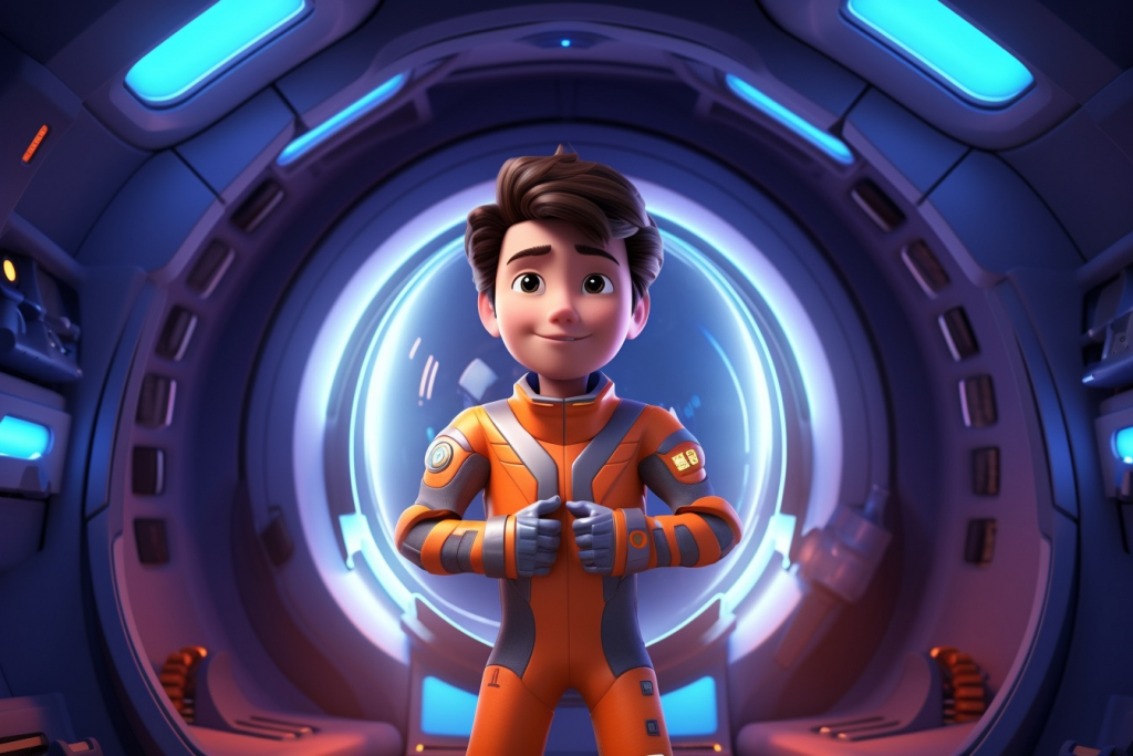 Young boy dressed in a 
spacesuit in a spaceship.