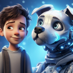 Young boy with futuristic robot dog.