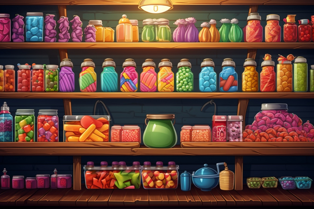 Candy jars in a shelf.