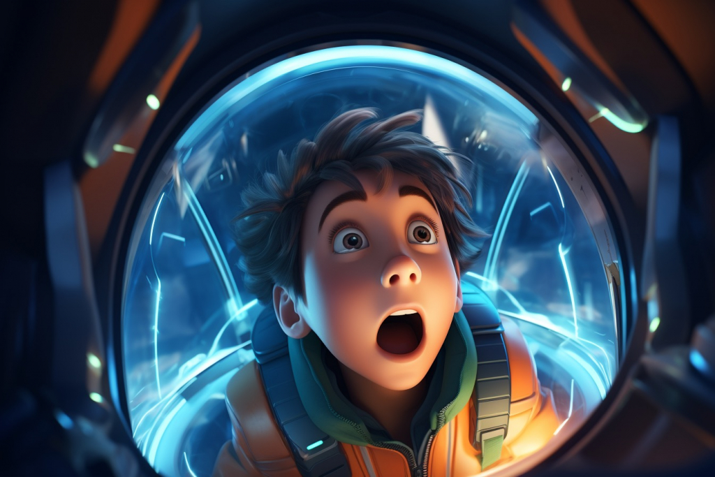 Cartoon boy surprised face in a spaceship.