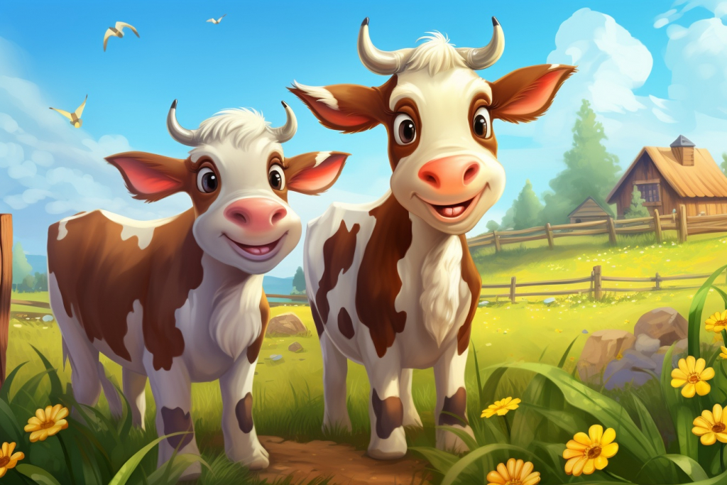 Cartoon cows in the meadow.