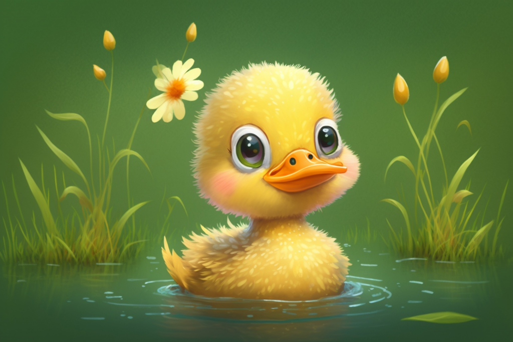 Cartoon yellow duck in a pond.