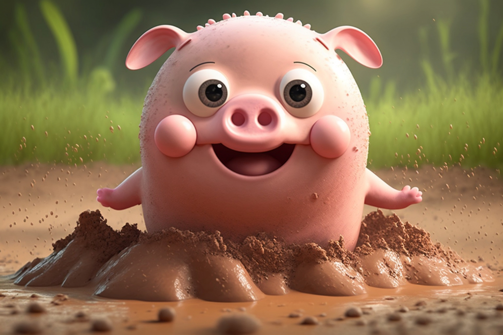 Cartoon pink pig in a mud.