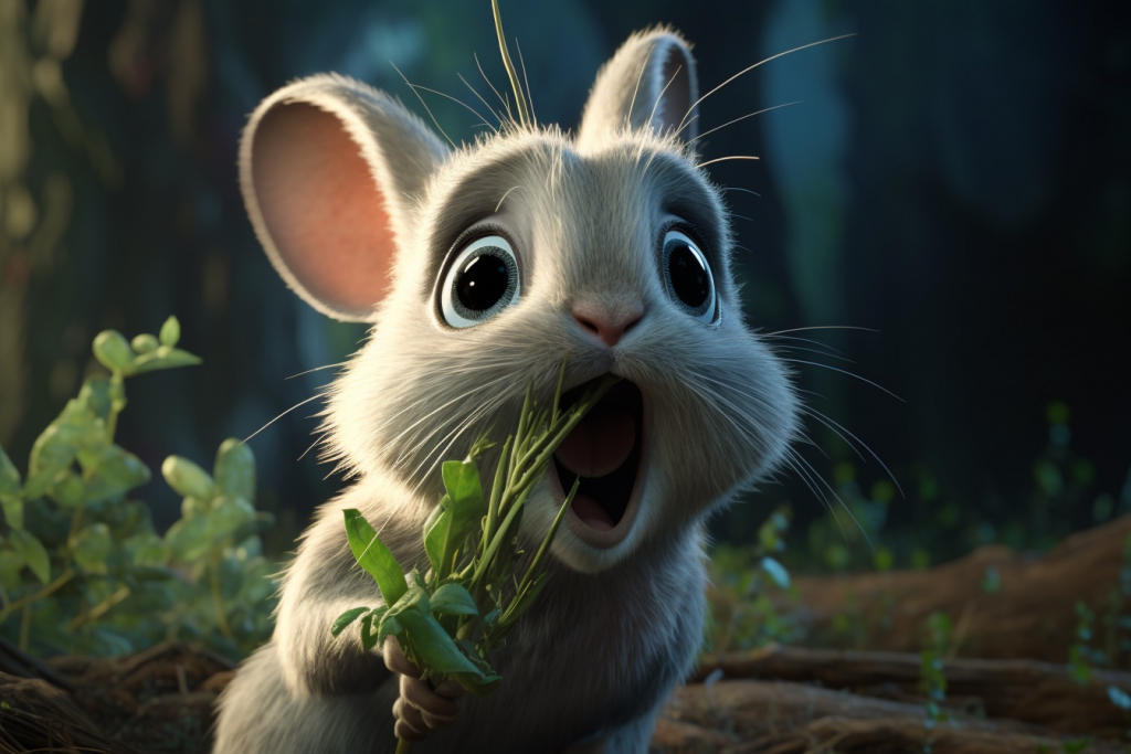 Grey rabbit surprised by eating green stem.