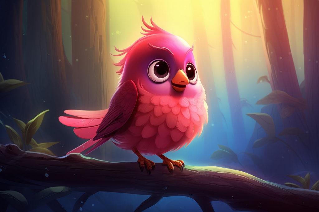 Cartoon ruby bird sitting on the branch in the forest.