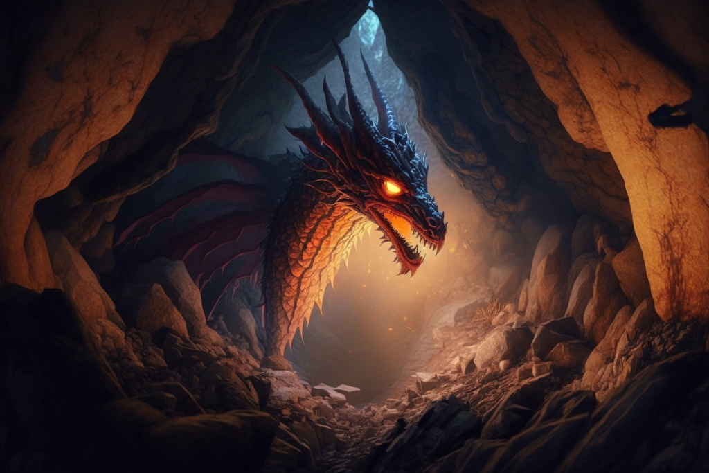 Scary dragon with glowing orange eyes in a cave.
