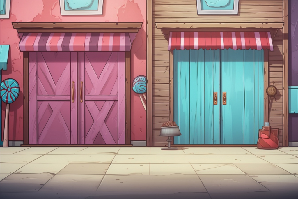 Pink and azure closed doors to candy store.