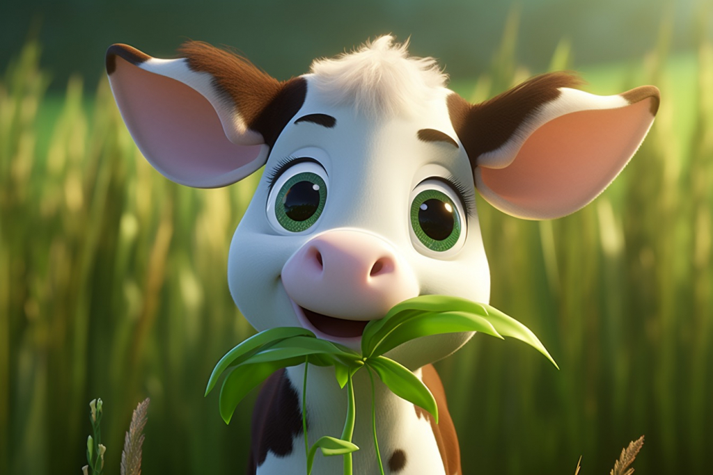 Cute cartoon cow with a green stem close to her mouth.