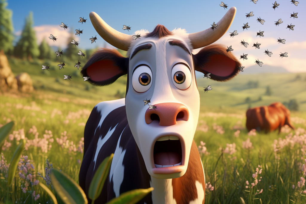 Cartoon cute cow with surprised face with many flies around her head.