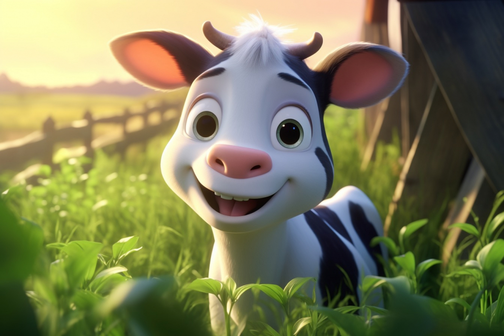 Cute cartoon happy cow in the green stems.