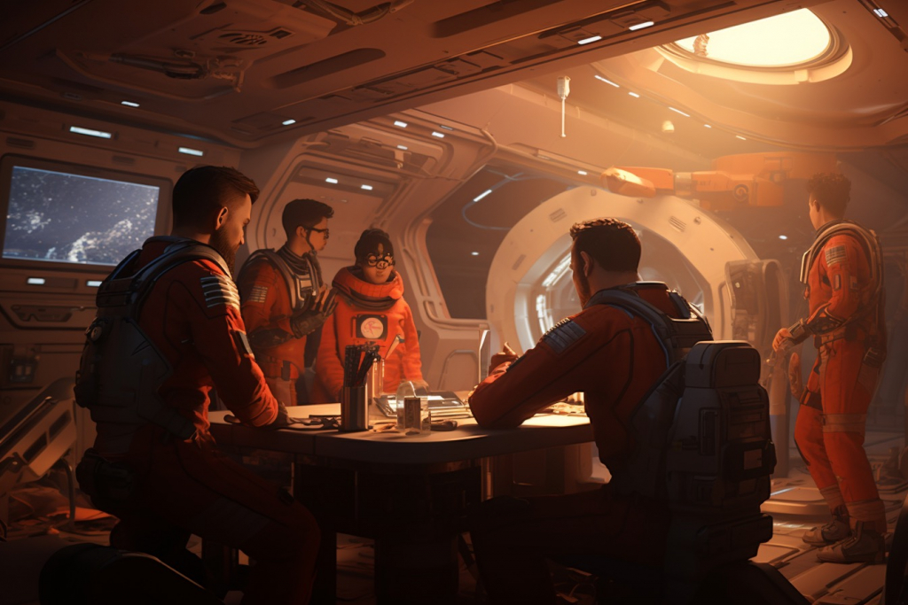 Space crew in a meeting in spaceship.