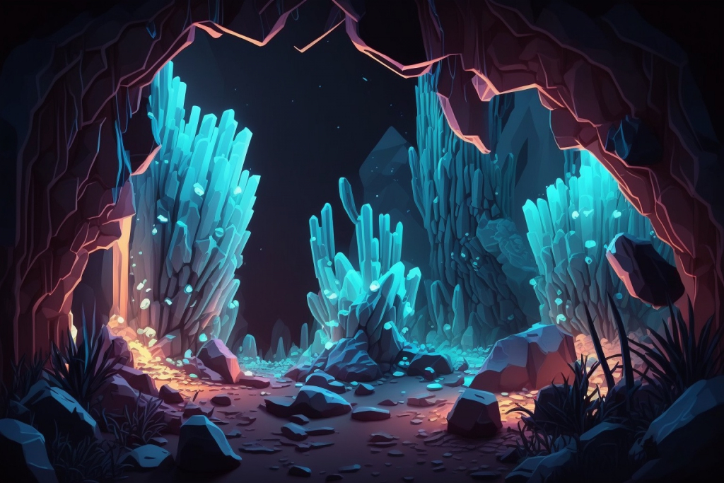 Cartoon cyan and shining crystals in a cavern.