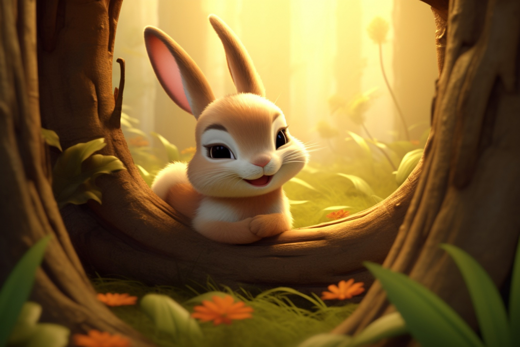 Cartoon cute bunny in the forest.