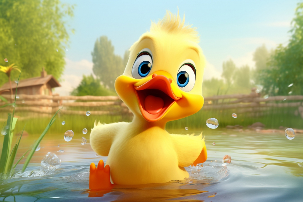 Cartoon cute duck in the pond.