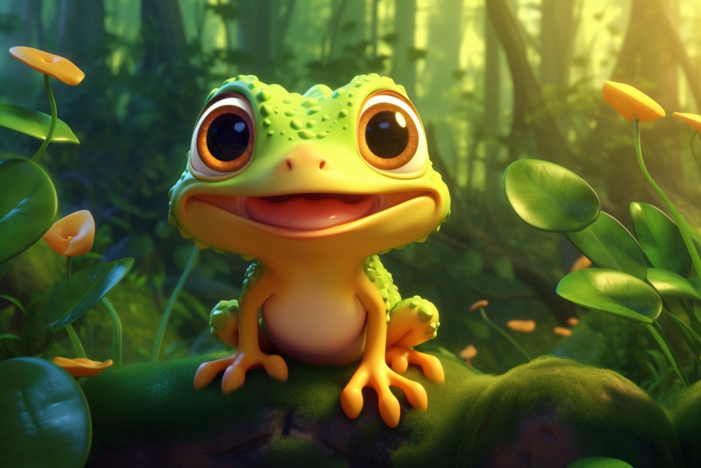 Cartoon cute green frog in the forest.