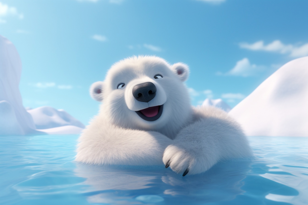 Cute cartoon happy polar  bear relaxing on ice.
