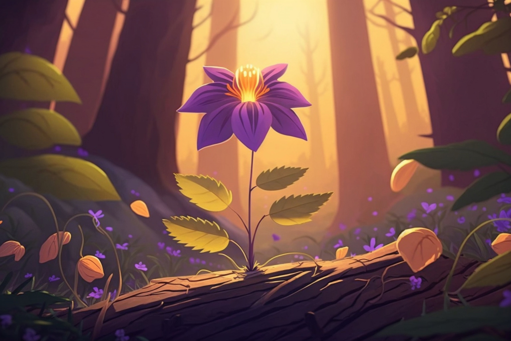 Cartoon purple blossom in a forest.