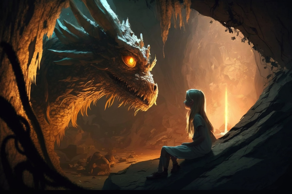 Young girl sitting by the scary dragon in a cave.