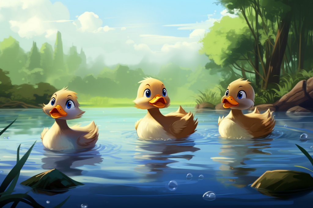 Cartoon ducks in the river.