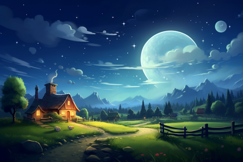 Cartoon farm during night with the moon.