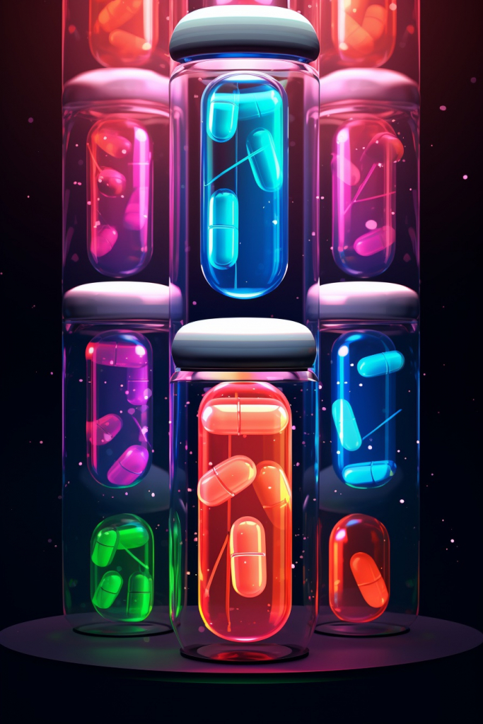 Cartoon colorful food pills in jars.