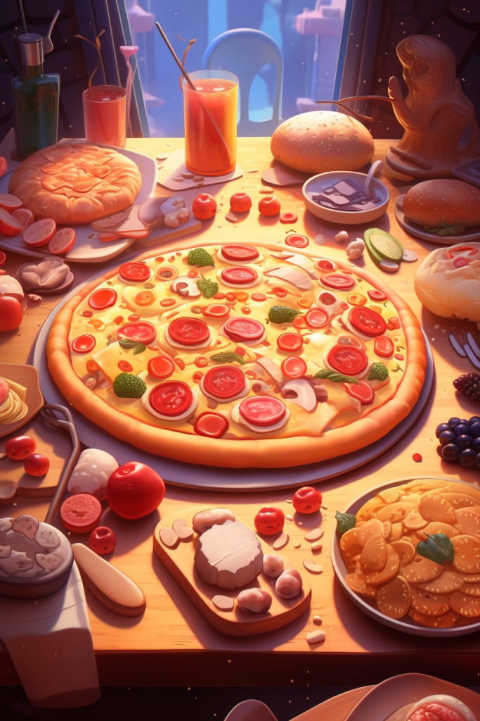 Cartoon colorful pizza on a table.