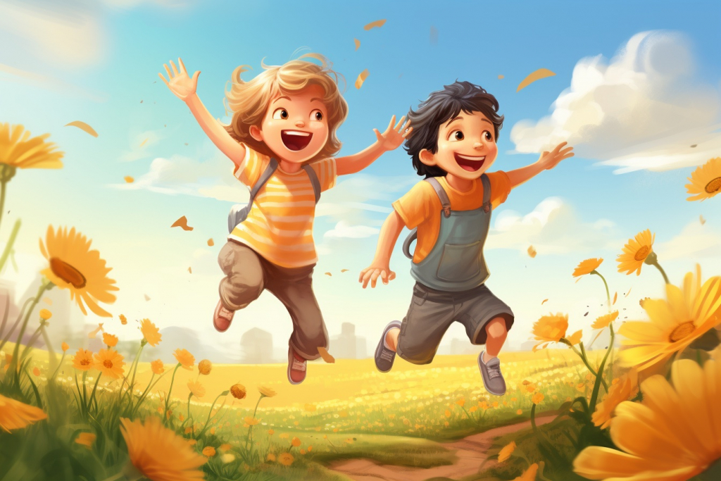 Cartoon two friends jumping in the field of flowers.